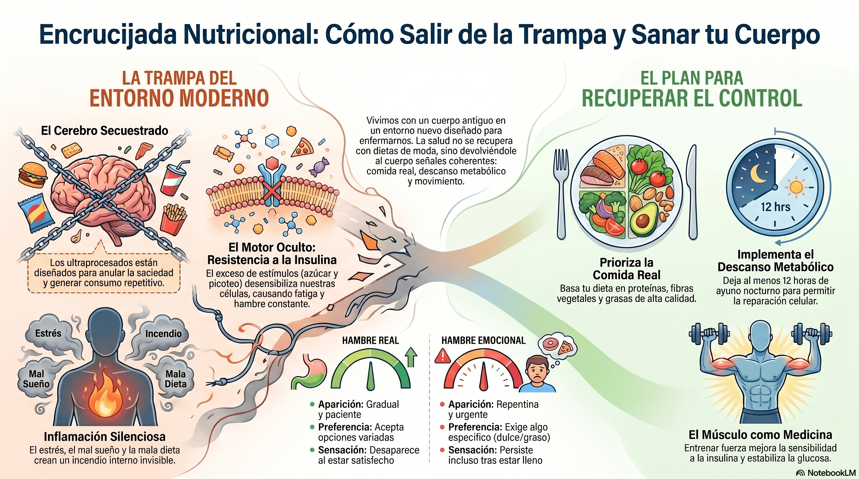 Infografía del libro Encrucijada Nutricional sobre trampa del entorno moderno y plan para recuperar el control